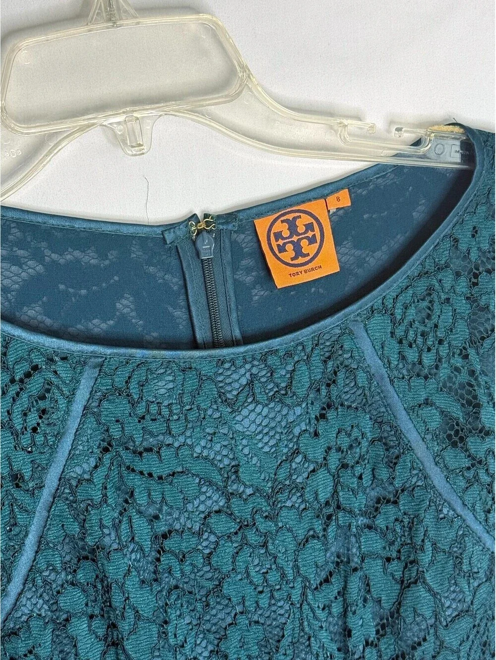 Tory Burch Teal Lace Cocktail Dress 8 Silk Ruffle Puff Sleeve